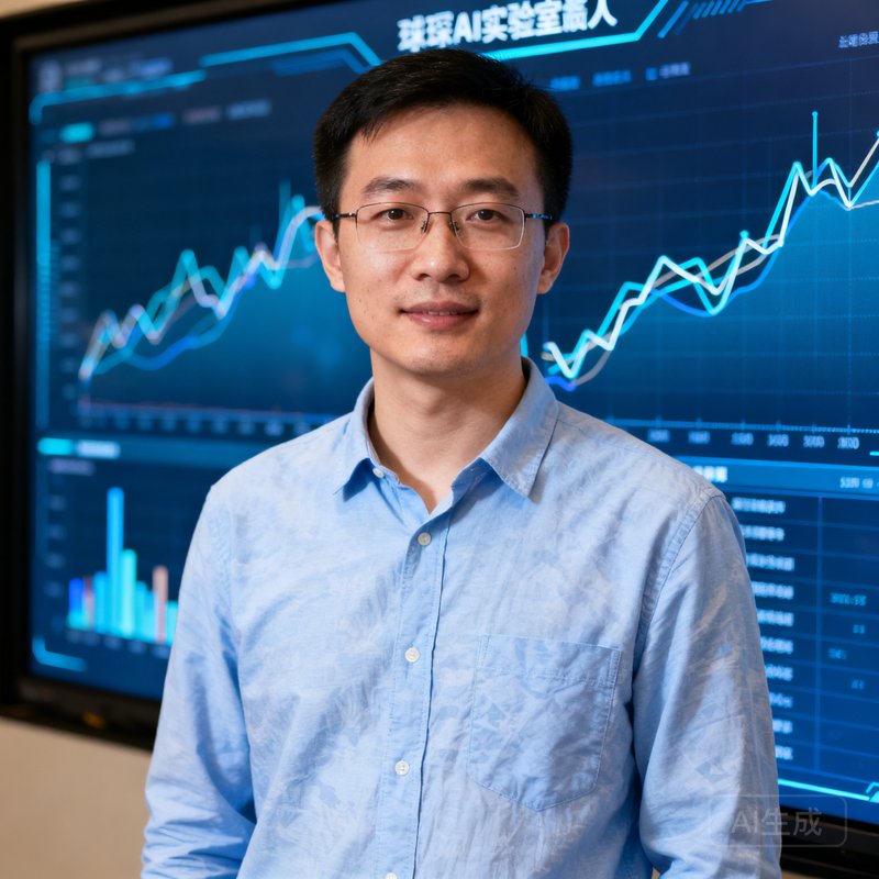 球琛AI实验室负责人陈浩的正面半身照，身穿休闲衬衫站在数据大屏前